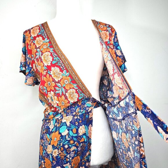 NWT PrettyGarden Blue Red Floral Wrap Boho Gypsy Maxi Dress - Picture 6 of 13